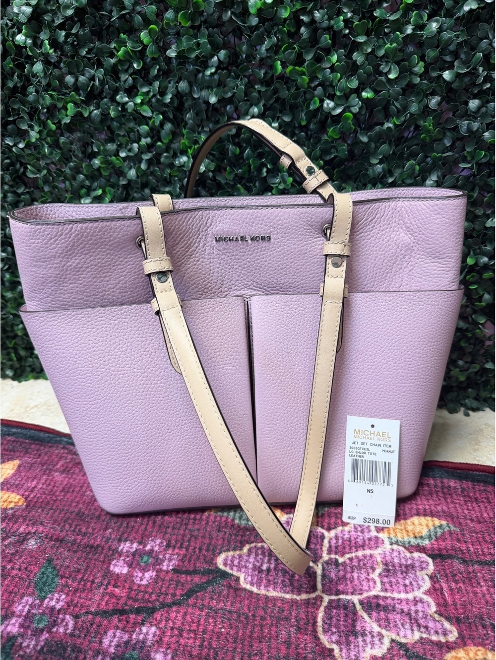Michael Kors Lavender Leather Tote Bag with Beige Straps
